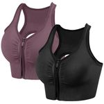 dowskwx 2 Pack Sports Bras for Women Zip Front Closure Yoga Bra Seamless Wirefree Padded High Impact Running Gym Workout Bras (Black Purple, XL)