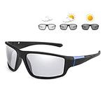 Photochromic Polarized Sports Sunglasses for Men Women UV Protection Safety Outdoor Cycling Driving Fishing Glasses (Black Blue Frame/Photochromic Lens)