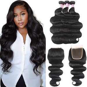UNice Hair Icenu Series Brazilian Body Wave 3 Bundles with Free Part Lace Closure Virgin Human Hair Wefts 100% Unprocessed Human Hair Extensions Natural Black Color (16 18 20+14Closure)