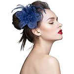 TS Accessories Elegant Luxurious Feather Mesh Fascinators Hair Clip for Wedding/Banquet/Party/Church(Dark Blue)