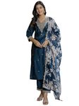 VredeVogel Kurta Set with Dupatta | Embroidered Viscose Rayon Kurta Pant Set for Women | Women's Ethnic Casual Kurti Set (Teal_X-Large)