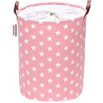 Sea Team Star Pattern Laundry Hamper Canvas Fabric Laundry Basket Collapsible Storage Bin with PU Leather Handles and Drawstring Closure, 17.7 by 13.8 inches, Waterproof Inner, Pink