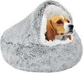 SUOXU Cat Bed Calming Small Dog Bed, Warm cosy Soft Plush Winter Indoor Cat Cave Bed, Anti Slip Bottom Machine Washable Anti-Anxiety Hooded Pet Bed, Suitable for Small Dogs/Large Cat Under 10kg