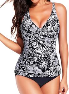 Yonique Tankini Swimsuits for Women Tummy Control Bathing Suits Two Piece Tankini Tops with Bikini Bottoms Twist Swimwear, Black Flower, Large