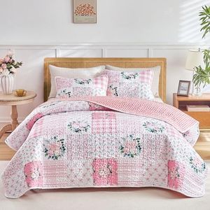 Joyreap 3 Pieces Floral Patchwork Quilt Set Queen, Pink n White Flowers Design, Soft n Cozy Microfiber Quilt, Bedspread Bed Cover for All Season, 1 Quilt and 2 Pillow Shams- 90x90 inches