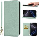 NanHou iPhone 16 Pro Case Leather Case RFID Blocking Folio Wallet Case Magnetic Closure Kickstand Wrist Strap Card Holder Shockproof Flip Cover - Light Green