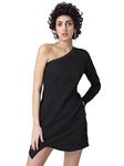 FabAlley Women's Lycra Black Embellished One Shoulder Asymmetric Mini Dress (DRS04957 L)