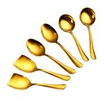 Axiom Stainless Steel Golden Serving Tools Set. 6 Piece Heavy Gauge Non-Stick Set Of 2 Soup Ladle (Karchi), 2 Solid Spoon (Chamcha) & 2 Rice Spoon For Serving Soup/Curry/Dal/Rice. Gold - 23 Cm