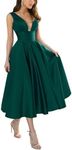 KURFACE Emerald Green Formal Evening Dresses for Wedding V Neck Elegant Satin Wedding Guest Tea Length Prom Dress 2024 UK22