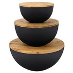 Bremel Large Black Salad Bowls with Bamboo Lids - Set of 3 Melamine Mixing Bowls for Serving Salads, Pastas, Popcorn, Chips