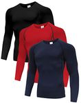 Long Sleeve Men's Compression T-Shirt Long Sleeve Cool Dry Sports (Pack of 3) Black/Red/Navy-L