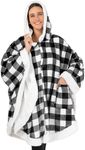 PAVILIA Sherpa Fleece Wearable Blanket for Adult Women, Cozy Plush Blanket Poncho Cape with Hood, Super Soft Shawl, Angel Wrap Throw for Office, Black and White Buffalo Plaid Checkered
