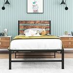 VERFARM Platform Twin Metal Bed Frame with Rustic Vintage Wood Headboard, Mattress Foundation, Strong Metal Slats Support, No Box Spring Needed, Black-Brown