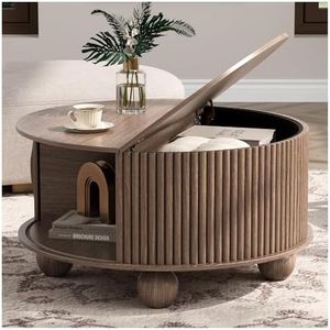 JOINICE Round Coffee Table with Storage, 31.5" Walnut Fluted Drum Center Table, Mid Century Modern Wood Circle Table with Sliding Door & Bun Feet for Living Room