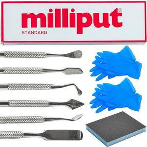 Milliput Epoxy Putty 10 Piece Epoxy Resin Kit, Standard Colour - with Sculpting Tools, Sanding Pad and Gloves - Plumbers Putty - Shower Tray, Plastic Bath, Enamel, Hot Tub and Fibreglass Repair Kit