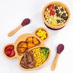 Vinsani Bamboo Monkey Plate Bowl and Spoon Set for Baby Toddler Kids Children, Suction Plate, Stay-Put Non-Slip Base Design, Hypoallergenic, Food-Grade Silicone and BPA-Free Baby Feeding Set (Red)