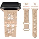 Watbro Floral Engraved Band Compatible with Apple Watch Bands 40mm for Women 38mm 41mm, Soft Silicone Sport Band With Decorative Apple Watch Charms for iWatch Series 9 8 7 6 5 4 3 2 1 SE (With Band)