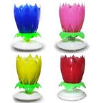 4PCS Set Music Birthday Candle Two Layers with 14 Small Candles Musical Lotus Rotating Happy Birthday Flower Candle (Blue,Yellow,Pink,Red)