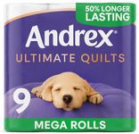 Andrex Ultimate Quilts Toilet Tissue 9 Mega Rolls, Air Pocket Technology for Soft, Thick Sheets (Previously Andrex Supreme Quilts) 9 Mega Toilet Rolls