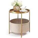 danpinera Round Side Table with Fabric Storage Basket, Metal Side Table Small Bedside Table Nightstand with Removable Tray Top for Living Room, Bedroom, Nursery, Laundry, Gold