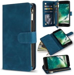 ZZXX for iPhone SE 2022(2020)/iPhone 7/iPhone 8 Case Wallet with RFID Blocking Card Slot PU Leather Zipper Flip Folio with Wrist Strap Kickstand Protective for iPhone 8 Wallet Case(Blue-4.7 inch)