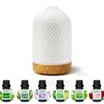 Ceramic Essential Oil Diffuser Electric Aroma Diffuser with 6 Pcs*10ml Essential Oil Gift Set, 7 Colors LED Light/4 Timers Modes/Auto-Shut Off 200ml for Home/Office/Spa