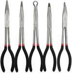 5 Pack 11" Precision Long Nose Pliers Set With Insulated Comfort Grip Handles - Straight, 25/45/90 Degree Angle Curved, Circle for Wire Bending, Shaping, Trimming