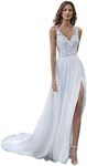 Tianzhihe Floral Lace Chiffon Wedding Dress for Bride V Neck Side Split Bridal Gown White 6