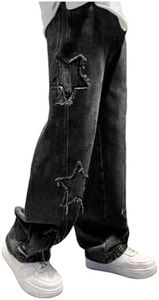 SHENHE Boy's Star Baggy Jeans Teen Boys Straight Wide Leg Denim Pants with Pockets Black 14Y