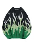 ZAFUL Men's Oversized Sweater Y2K Aesthetic Flame Graphic Crewneck Knit Pullover Unisex Casual Sweaters, 1-green, Medium