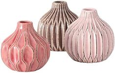 WHW Whole House Worlds Iconic Scandi Baby Vases, Set of 3, Fluted, Pink, Mauve and Dusty Rose, Crackle Suffused, 4.25 Diameter x 4.25 Inches Tall, Modern Home Design