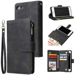 UEEBAI Wallet Case for iPhone SE 2022 5G/iPhone 7/iPhone 8/iPhone SE 2020, Premium PU Leather Magnetic Handbag Zipper Case Kickstand Card Slots Wrist Strap Flip Cover for iPhone SE3/SE2 - Black