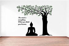 rawpockets Lord Buddha Under Tree and Quote on Mind PVC Vinyl Wall Sticker (Wall Coverage Area - Height 95 cms X Width 110 cms)