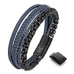 murtoo Mens Bracelet Leather Bracelet for Men Brown Black Leather with Stainless Steel Chain Bracelet Bracelet for Men Gift (Black Blue, 9.2'')