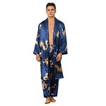 Haseil Men's Satin Robe with Pants Lightweight Printed Luxurious Spa Dragon Silk Bathrobe Kimono Set, Blue, Tagsize 3XL=Ussize XL