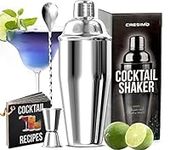 Cresimo 3pc Cocktail Shaker Set - Mixology Bartender Kit/Stainless Steel Bar Set with 24oz Martini Shaker, Cocktail Strainer, Jigger, Bar Spoon & Recipe Guide - Drink Shaker for Home Cocktail Set