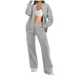 Tracksuit Womens Full Set 2 Piece Outfits 2024 Fall Winter Zip Up Sweatshirt Jacket and Wide Straight Leg Pants with Pockets Lounge Wear Sets Ladies Tracksuit Sets Leisure Suits Gym Activewear Gray