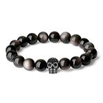 COAI Stone Beaded Bracelet Skull Bracelet Silver Sheen Obsidian Bracelet for Men Women