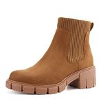 JABASIC Womens Slip-on Chelsea Booties Elastic Chunky Ankle Boots (6,Brown)