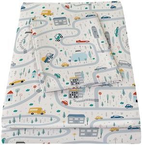 Bedmoon Boys Twin Sheets, Kids Car Truck Bed Sheet Set with Non-Slip Fitted Sheet, Boys Soft Microfiber Twin Sheets & Pillowcases, White