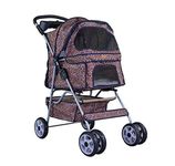 BestPet 4 Wheels Pet Stroller Cat Dog Cage Stroller Travel Folding Carrier w/RainCover Leopard Skin