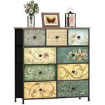 VEDECASA Dresser with Drawer for Bedroom with 9 Fabric Drawers Retro Floral Pattern Chest of Drawer Dresser for Living Room Nursery Entryway Closet Wood Board Metal Frame