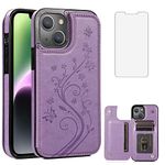 Compatible with iPhone 15 Plus 6.7 inch Case with Tempered Glass Screen Protector and Card Holder Wallet Cover Stand Flip Leather i-Phone 15+ iPhone15Plus 5G i i15 + iPhone15 15Plus Women Purple