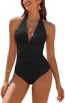 Vozobi Women's Deep V Neck One Piece Swimsuits Halter Wrap Tie Bathing Suit Tummy Control High Waisted 1 Piece Swimsuit Black