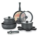 Bakken-Swiss Detachable 15-Piece Cookware Set – Granite Non-Stick – Eco-Friendly – Stackable Removable Handles – for All Stoves & Oven-Safe - Marble Black Coating