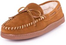 Minnetonka Men's Pile Lined Moccasin Slippers with Hard Soles, 9.5 Wide, Brown