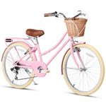Glerc Missy 24" inch Girl Cruiser Kids Bike 6-Speed Teen Hybrid City Bicycle Lightweight with Rack for Youth Ages 7 8 9 10 11 12 13 14 Years Old Wicker Basket, Pink