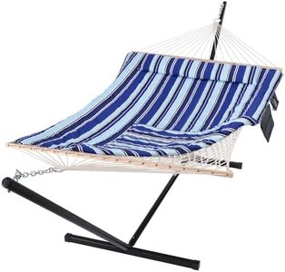 SUNCREAT Hammock Double Hammock with Stand, Two Person Cotton Rope Hammock, Blue Stripe