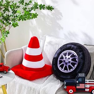 2 Pcs Racing Room Pillow Decorations Set 15.7 Inch Big Creative 3D Simulation Wheel Pillow Funny Traffic Cone Traffic Light and Stop Sign Plush Pillow Soft Car Tire Pillow for Kid Room (Traffic Cone)