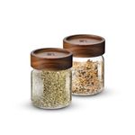 Bergner Acadia Borosilicate Glass Jars with Solid Wood Lid, Set of 2 Jars, 340ml Each, For Storing and Preserving Sugar, Flour, Tea, Coffee, Spices, Biscuits, Oats | Multipurpose Container for Kitchen